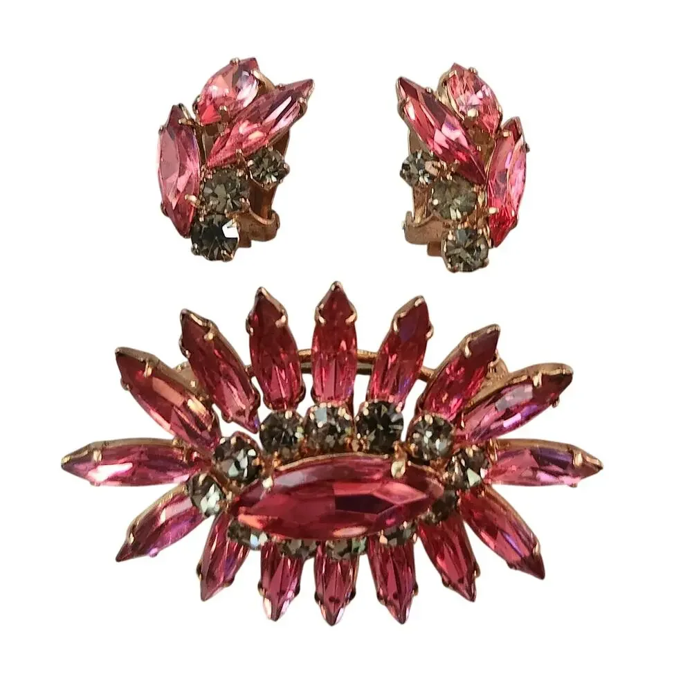 Vintage Austrian Pink Navette Rhinestone Demi Parure Brooch Clip Earrings